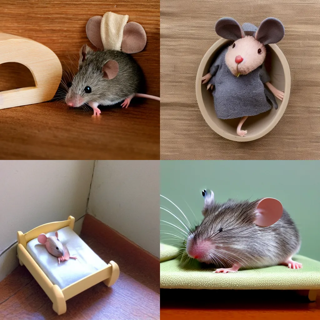 Prompt: a little mouse sleeping on a little bed in a giant room