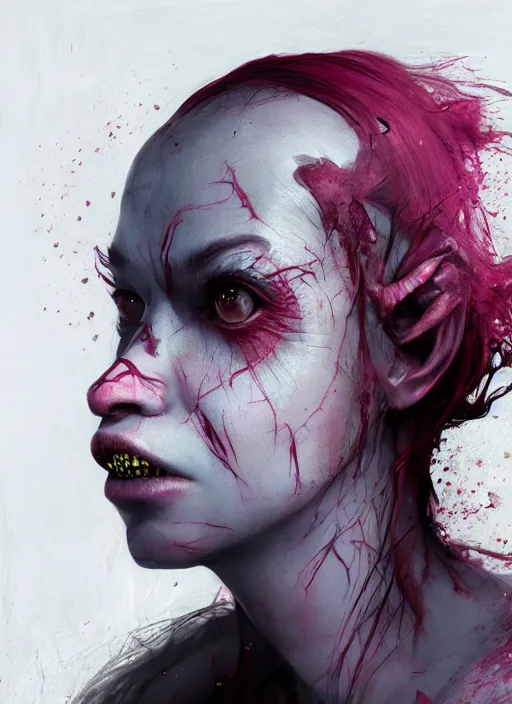 Image similar to portrait of sinister girl with pouty aerochrome lips, skeksis, unforgiving, bandaid on nose, expressive eyes, full body, translucent skin, greg rutkowski, charlie bowater, yuumei, stephen gammell, unreal 5, daz, hyperrealistic, octane render, rpg portrait, dynamic lighting, fantasy art, beautiful face