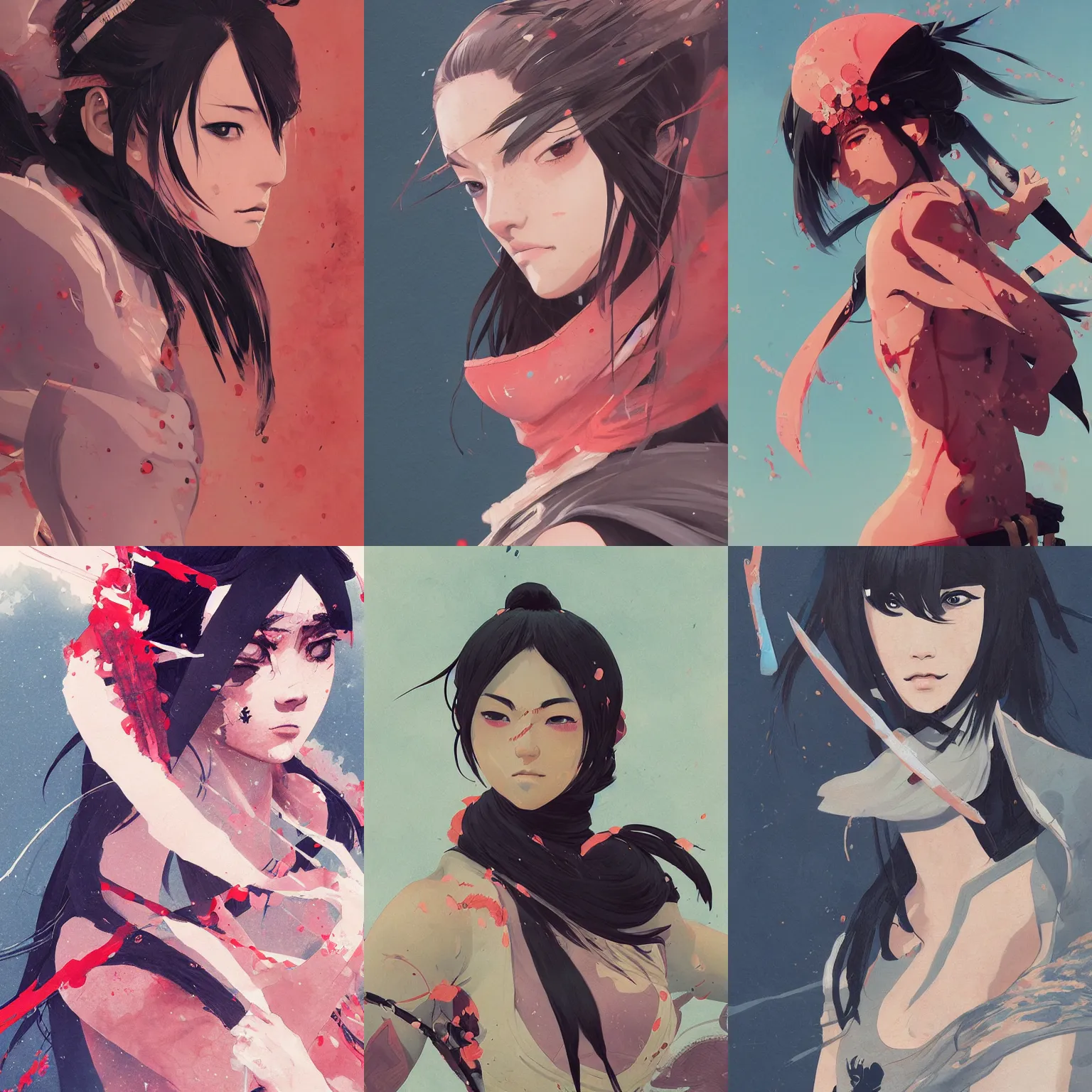 Prompt: a ultra detailed beautiful painting of a cute female ninja, feudal japanese setting, close - up, by conrad roset, greg rutkowski and makoto shinkai, trending on artstation, 8 k