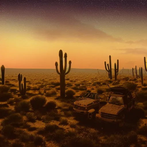 Image similar to adventuring party, enchanted desert plateau melting landscape, night time, lights in distance, cgsociety, realistic, roger deakins, 70mm, kodachrome, 8k