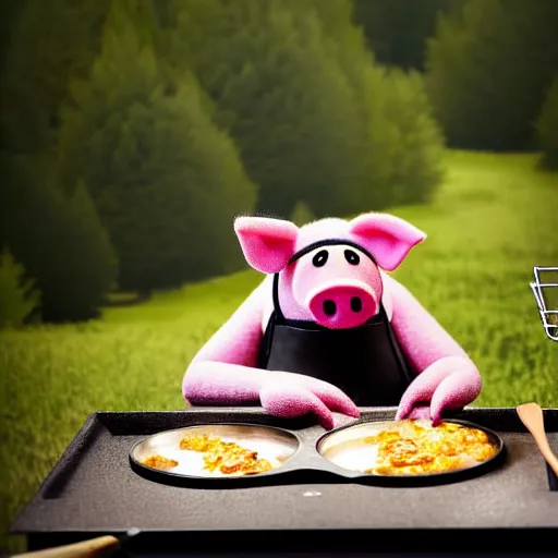 Prompt: landscape studio photograph of a pig cooking dinner depicted as a muppet