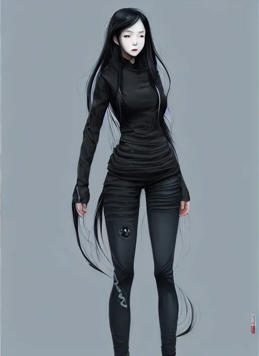 Prompt: full body portrait of long black hair girl within a techwear. cynical face, concept art, character illustrations, intricate, highly detailed 8 k, smooth, sharp focus, beautiful and aesthetic shape of face and body, artgerm, artstation, art by zexi guo and nira and junpei suzuki and gharliera and rinotuna