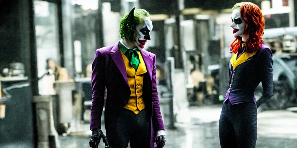 Prompt: a still from The Dark Knight with Emma Stone as the Joker