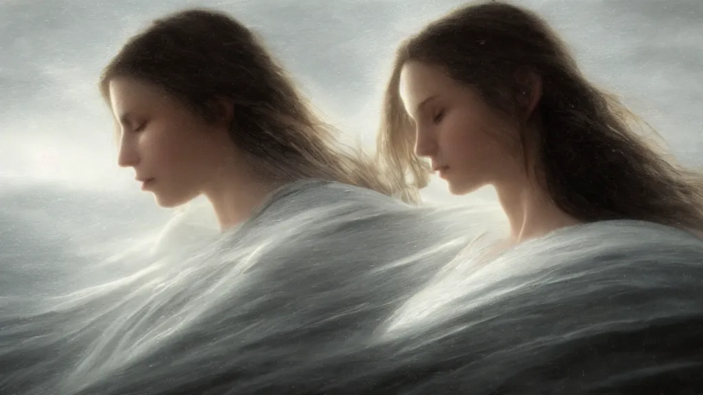 Image similar to mage, norway fjord, extreme close up portrait, hudson river school, max rive, stormy seas, white royal dress, beautiful, bokeh, gentle, female, snowy, storm clouds, god rays, close up portrait, d & d, fantasy, elegant, low key color palette, concept art, roger deakins and greg rutkowski and alphonse mucha