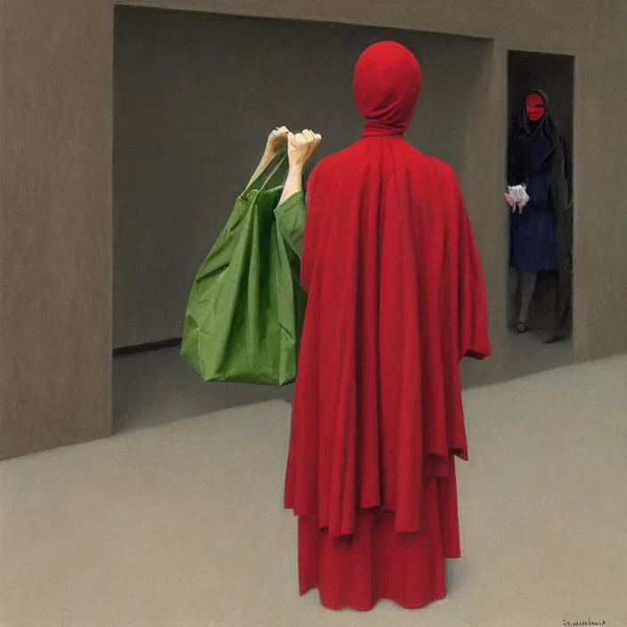 Image similar to woman in black robed, back to us, arms to the sides, dressed in red paper bags, holding stack of green paper bags, highly detailed, artstation, art by edward hopper, zdislav beksinski, wayne barlowe, edward hopper