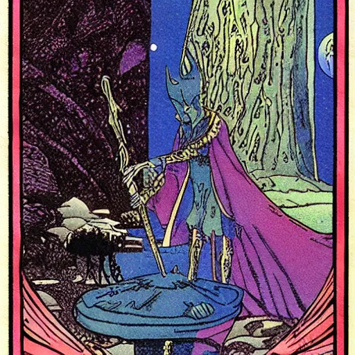 Image similar to the tarot card of the magician painted by moebius.