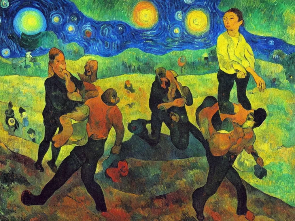 Image similar to bright beautiful oil painting of flying saucer abducting paul gauguin from arles france with a glowing green light, light scatter, van gogh