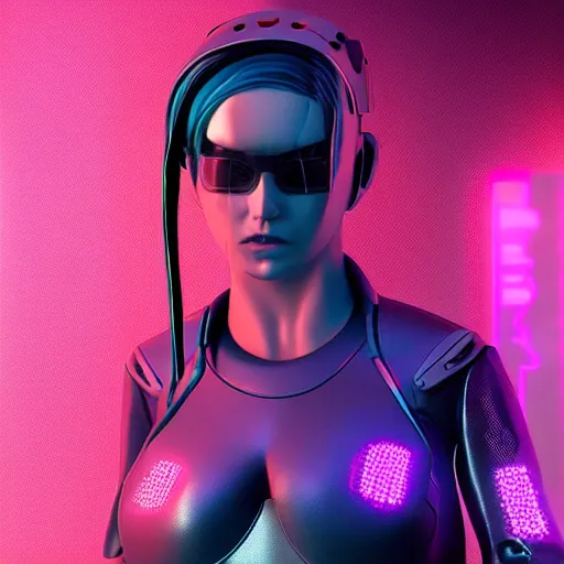 Image similar to female cyberpunk android warrior in the style of beeple, neon lights, photorealistic, hyperrealism, futuristic, 8 k resolution, trending on artstation, cg society, award winning