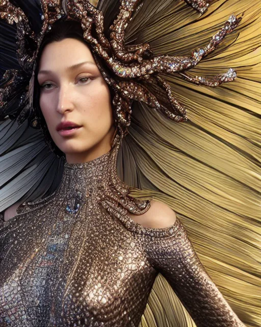 Image similar to a highly detailed metahuman 4 k close up render of a bella hadid in balenciaga monument renaissance in iris van herpen dress schiaparelli in diamonds crystals swarovski and jewelry iridescent in style of alphonse mucha gustav klimt trending on artstation made in unreal engine 4