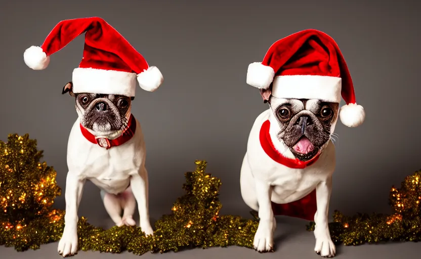 Prompt: studio photography of a dog wearing a christmas outfit, detailed face, cinematic lighting, 8 k