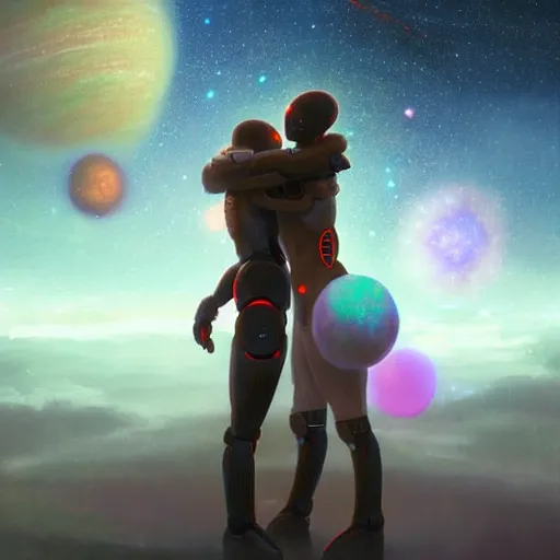 Image similar to digital painting of two humanoid robots hugging each other, supernova in the background, cosmic and stars and planets and galaxy, stunning, surreal, cinematic lighting, concept art by greg rutkowski and simon stalenhag