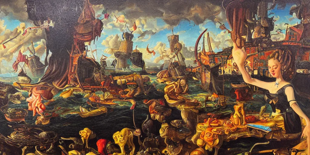 Image similar to refined dutch golden age oil painting pop surreal masterpiece in the style of robert williams,