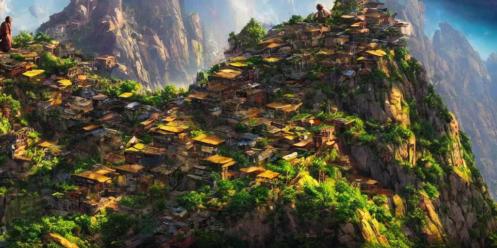 Image similar to a cinematic composition where a monk sits atop a mountain radiating his transformative energy to shift the cyberpunk civilization in the valley to a lush green overgrowing solarpunk civilization that is on top of the mountain