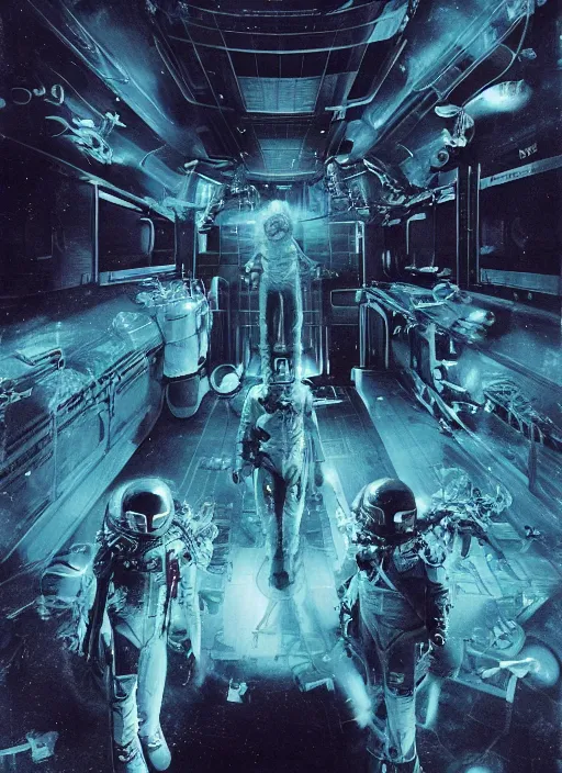 Image similar to symmetrical astronauts in dark and empty void underwater - complex and hyperdetailed technical suit. reflection and dispersion materials. rays and dispersion of light. volumetric light. 5 0 mm, f / 3 2. noise film photo. flash photography. ultra realistic, wide angle. poster by wayne barlowe, hajime sorayama aaron horkey, craig mullins