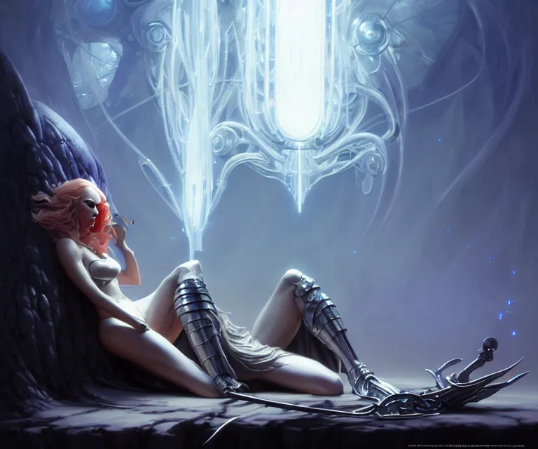 Prompt: beautiful fantasy character portrait, gandalf the grey, seductive reclining pose, futuristic chrome drones, ultra realistic, dramatic lighting, robots, the fifth element artifacts, highly detailed by peter mohrbacher, hajime sorayama, wayne barlowe, boris vallejo, aaron horkey, gaston bussiere, craig mullins