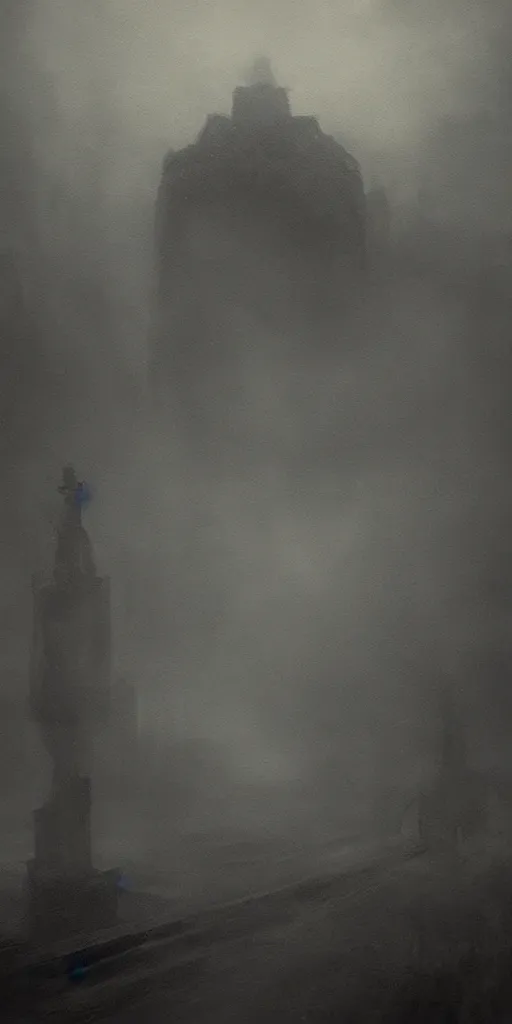 Image similar to “eldritch horror, dark, foreboding, looming over a Victorian city, foggy, tonalism style, trending on Artstation, 8k, 4k, high-res, digital art”
