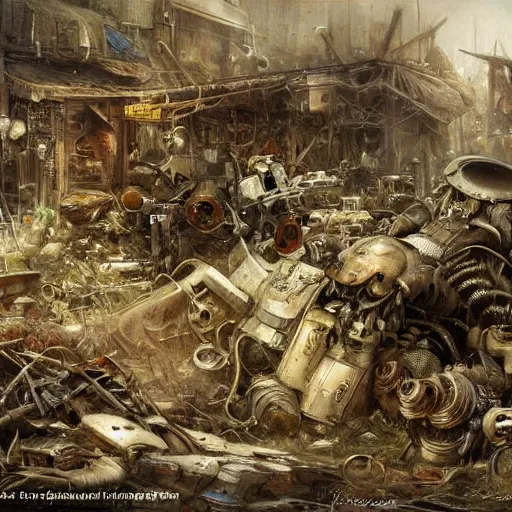 Prompt: Jean-Baptiste Monge, Jean-Baptiste Monge, Jean-Baptiste Monge, Jean-Baptiste Monge, Jean-Baptiste Monge, Jean-Baptiste Monge artwork of a cluttered robot junkyard