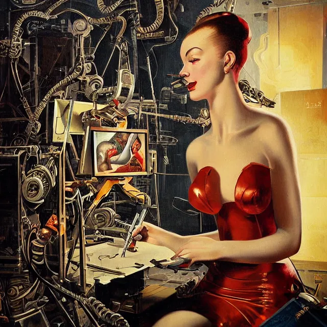 Image similar to robot artist painting a self - portrait on a canvas. intricate, highly detailed, digital matte painting in the style of gil elvgren and in the style of h. r. giger and in the style of anna dittmann. irony, recursion, inspiration.