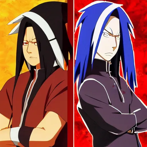 Image similar to split face Uchiha Madara/Hashirama poster, epic artwork, anime painting, extremely detailed, trending on Artstation, award-winning art