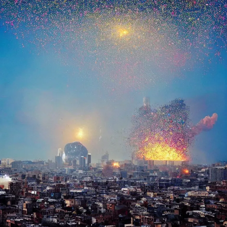 Image similar to huge glitter bomb explosion above city, mushroom cloud, flash illuminating city