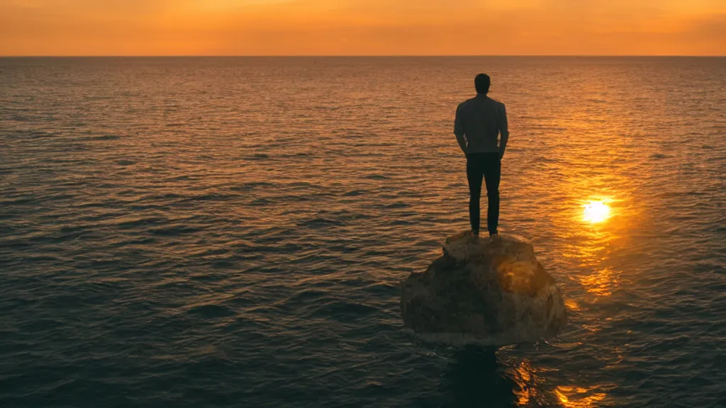 Image similar to a movie still of a man standing on the roof of a car driving through the ocean at sunset, golden hour