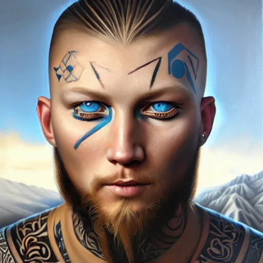 Image similar to ultra realistic portrait painting of a ragnar from the vikings with blue eyes and tribal tattoo, painted by Tristan Eaton Stanley Artgerm and Tom Bagshaw