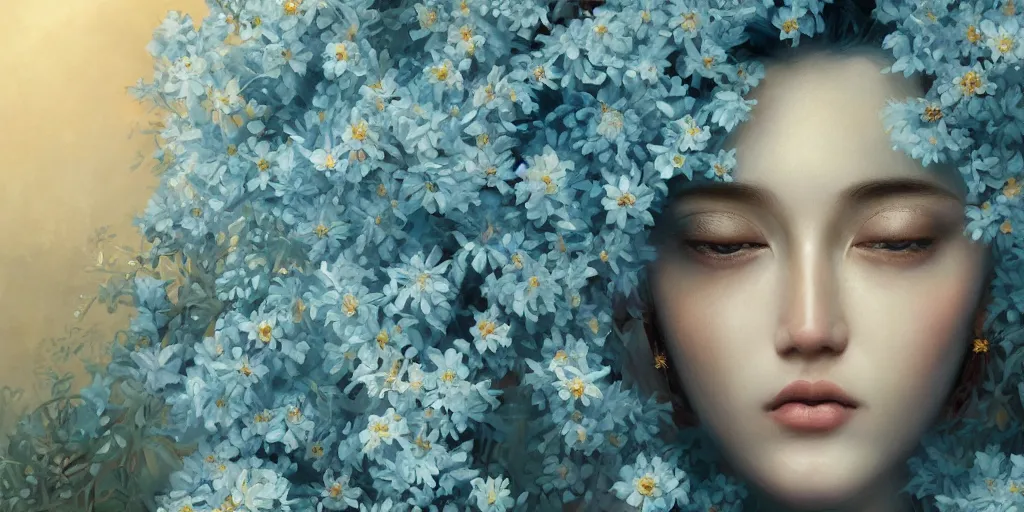 Prompt: breathtaking detailed concept art painting portrait of the hugs goddess of light blue flowers, orthodox saint, with anxious piercing eyes, ornate background, amalgamation of leaves and flowers, by hsiao - ron cheng, extremely moody lighting, 8 k