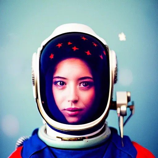 Prompt: analog closeup portrait of a beautiful young woman wearing a space helmet, stars and planets visible, warm azure tones, red color bleed, film grain