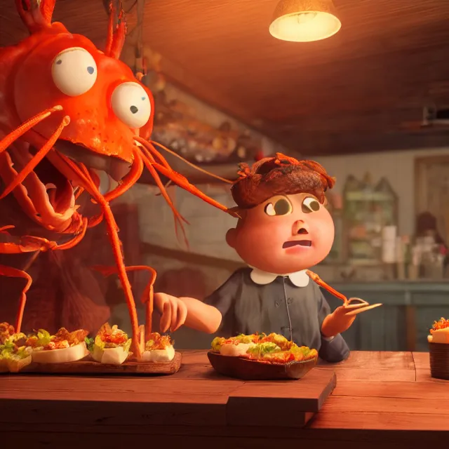 Prompt: the beast from over the garden wall ordering a lobster roll at a lobster shack, red lobster shack on the ocean in maine, volumetric, realistic, cinematic lighting, ray tracing, unreal engine 5, octane render, hyper realistic, photo, 8 k