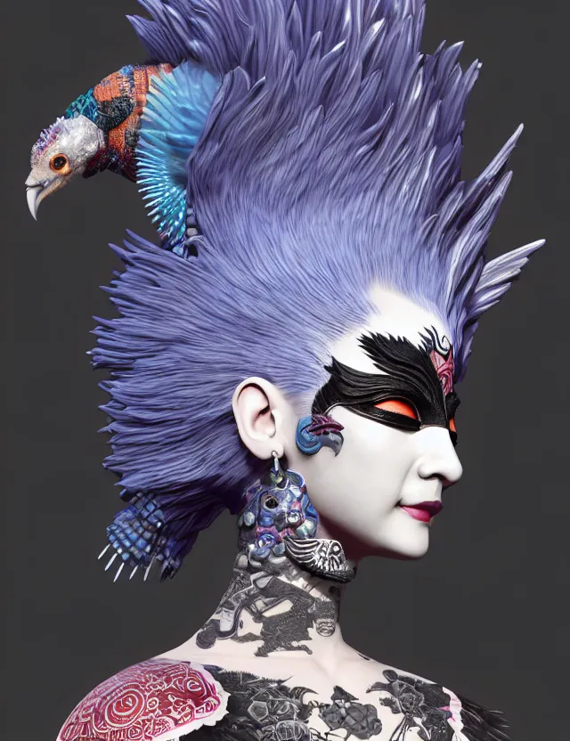 Image similar to 3 d goddess close - up profile portrait punk with mohawk with ram skull. beautiful intricately detailed japanese crow kitsune mask and clasical japanese kimono. betta fish, jellyfish phoenix, bio luminescent, plasma, ice, water, wind, creature, artwork by tooth wu and wlop and beeple and greg rutkowski