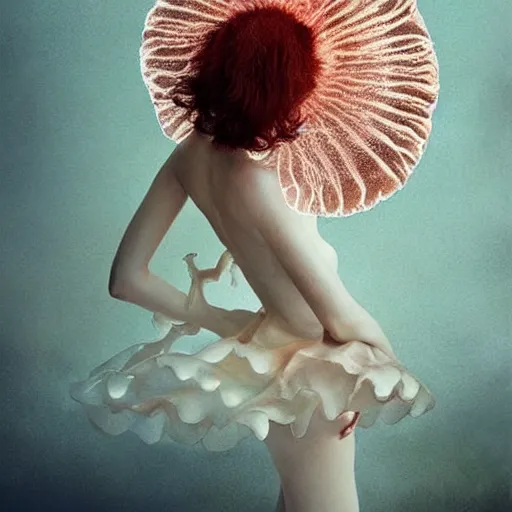 Image similar to a luminous jelly fish armor. soft. fragile. by ray caesar. by louise dahl - wolfe. by andrea kowch. by anna claren. surreal photography