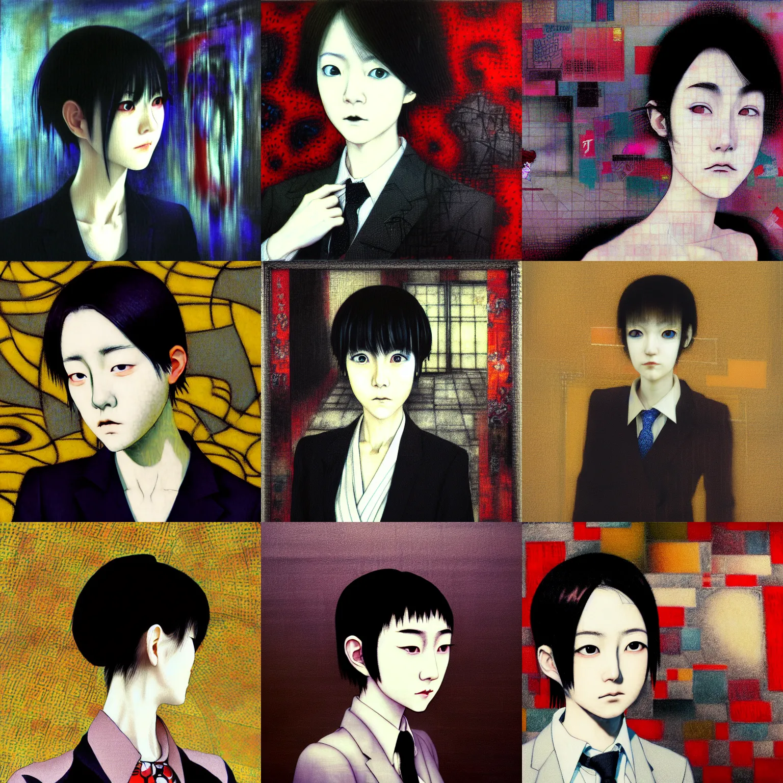 Image similar to yoshitaka amano blurred and dreamy realistic three quarter angle portrait of a young woman with short hair and black eyes wearing office suit with tie, junji ito abstract patterns in the background, shadows on the face, satoshi kon anime, noisy film grain effect, highly detailed, renaissance oil painting, weird portrait angle, blurred lost edges