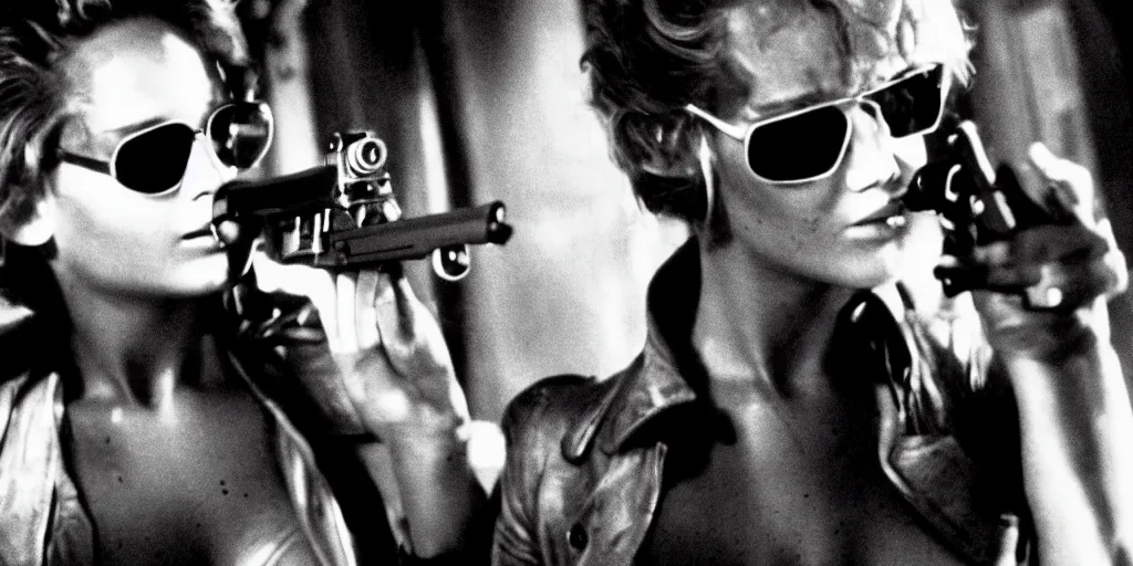 Prompt: model dramatic lighting The Terminator (1984) movie poster jennifer lawrence wearing sunglasses holding a gun photoshoot f/1.4 14mm