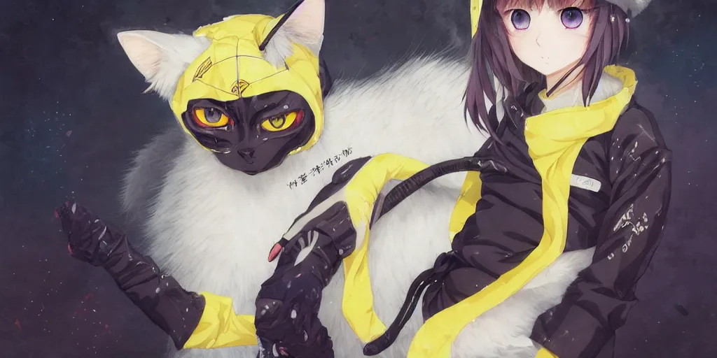 Prompt: with yellow eyes, a beautiful anime cyborg - girl wearing a cat hoodie, wlop, ilya kuvshinov, artgerm, krenz cushart, greg rutkowski, hiroaki samura, range murata, james jean, katsuhiro otomo, erik jones, serov, surikov, vasnetsov, repin, kramskoi