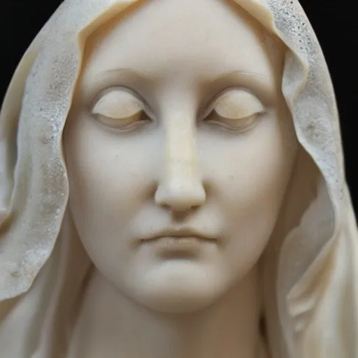 Prompt: a marble sculpture of the veiled virgin, cracked subsurface scattering, !face, !female, covered in intricate !detailed !!sheer veil , physically based rendering, photo realistic, top light , dark background
