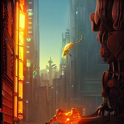 Image similar to exoskeletal robotic demonic creature, glowing, reptilian designed by jony ive in cybercity, golden hour, poster by michael whelan and gilbert williams and evgeny lushpin and artgerm and alena aenami, 3 0 mm, well proportioned, highly detailed, rule of thirds, long exposure