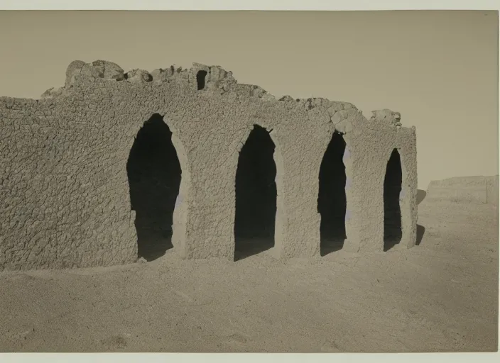 Prompt: Photograph of adobe archways and buildings standing in a flat grassy desert, albumen silver print, Smithsonian American Art Museum