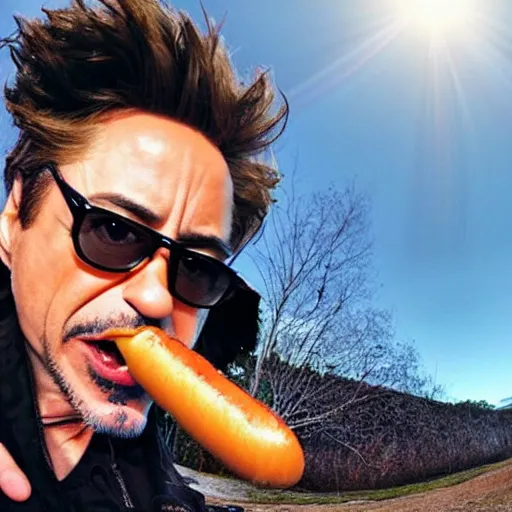 Image similar to robert downey jr eating a delicious hot dog on the surface of the moon, taken with a selfie stick, fisheye lens