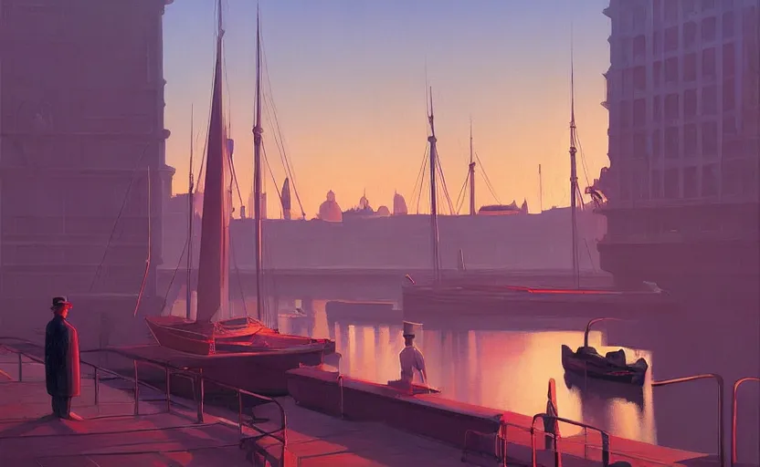 Image similar to Old victorian harbour at dusk, very coherent, painted by Edward Hopper, Wayne Barlowe, painted by James Gilleard, airbrush, art by JamesJean