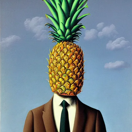 Image similar to the son of man but with a pineapple, painting by rene magritte, high detail, high resolution