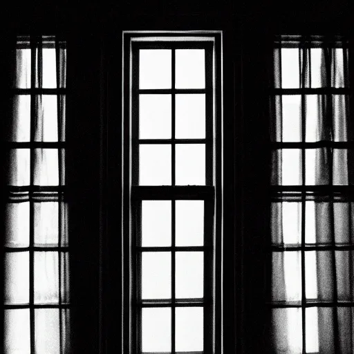 Image similar to volumetric light coming into dark room through window, black and white, cinematic, moody