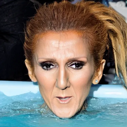 Image similar to celine dion angry at kitten in hot tub lot