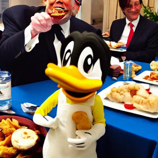 Prompt: donald trump eating lunch with donald duck