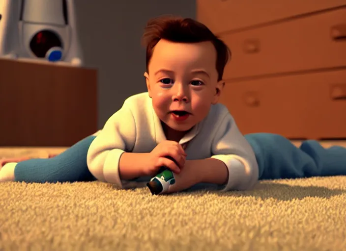 Prompt: toddler elon musk lying on a fluffy rug playing with his space rockets, rendered with renderman, realistic materials, pbr, soft lighting, cgsociety