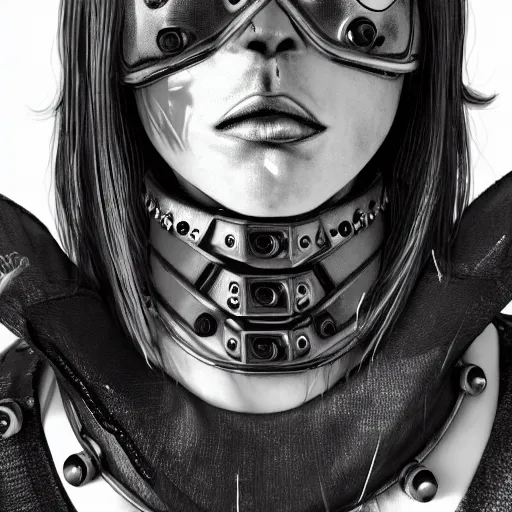 Image similar to detailed realistic female character cyberpunk wearing thick steel collar around neck, realistic, art, beautiful, 4K, collar, choker, collar around neck, punk, artstation, detailed, female, woman, choker, cyberpunk, neon, punk, collar, choker, collar around neck, thick collar, choker around neck, wearing choker, wearing collar,