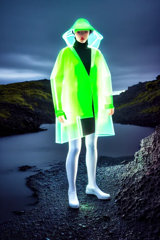 Image similar to an ultra high definition professional high fashion portrait studio full length photograph of a model wearing a transparent pearlescent raincoat and neon visor in an icelandic black rock environment at dawn. no artefacts. extremely detailed. stark. refraction. shallow depth of field. volumetric light and shadow. ray tracing. light rays.