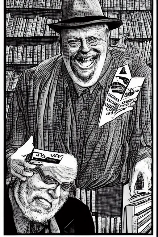 Image similar to an awesome jean giraud digital art masterpiece of robert anton wilson telling jokes at a local bookstore