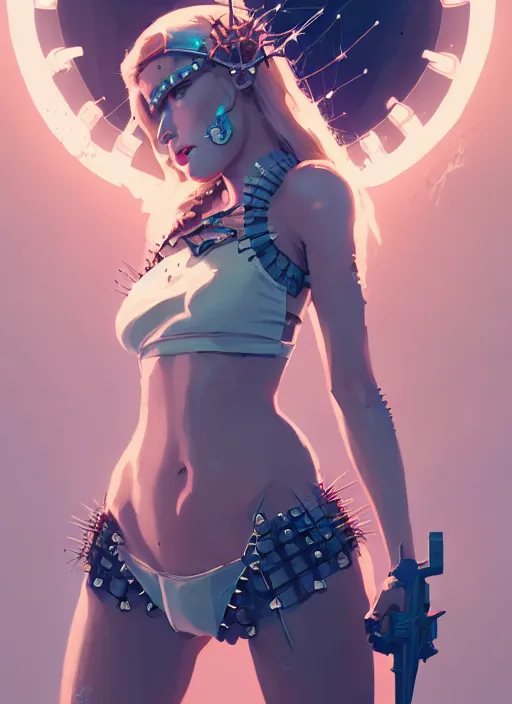 Image similar to portrait of cute maiden girl with crown of thorns in cyber bikini armor, warhammer, cyberpunk, by atey ghailan, by greg rutkowski, by greg tocchini, by james gilleard, by joe fenton, by kaethe butcher, dynamic lighting, gradient light blue, brown, blonde cream and white color in scheme, grunge aesthetic