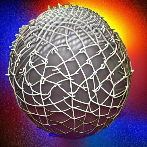Image similar to complex 3d render ultra detailed of a beautiful basketball in the shape of a sacred heart, with net around it like thorns, 150 mm, beautiful natural soft light, rim light, silver gold details, maze like, mesh wire, intricate details, hyperrealistic, ultra detailed, mandelbrot fractal, anatomical, white metal neocubism armor, elegant, octane render, H.R. Giger style, 8k