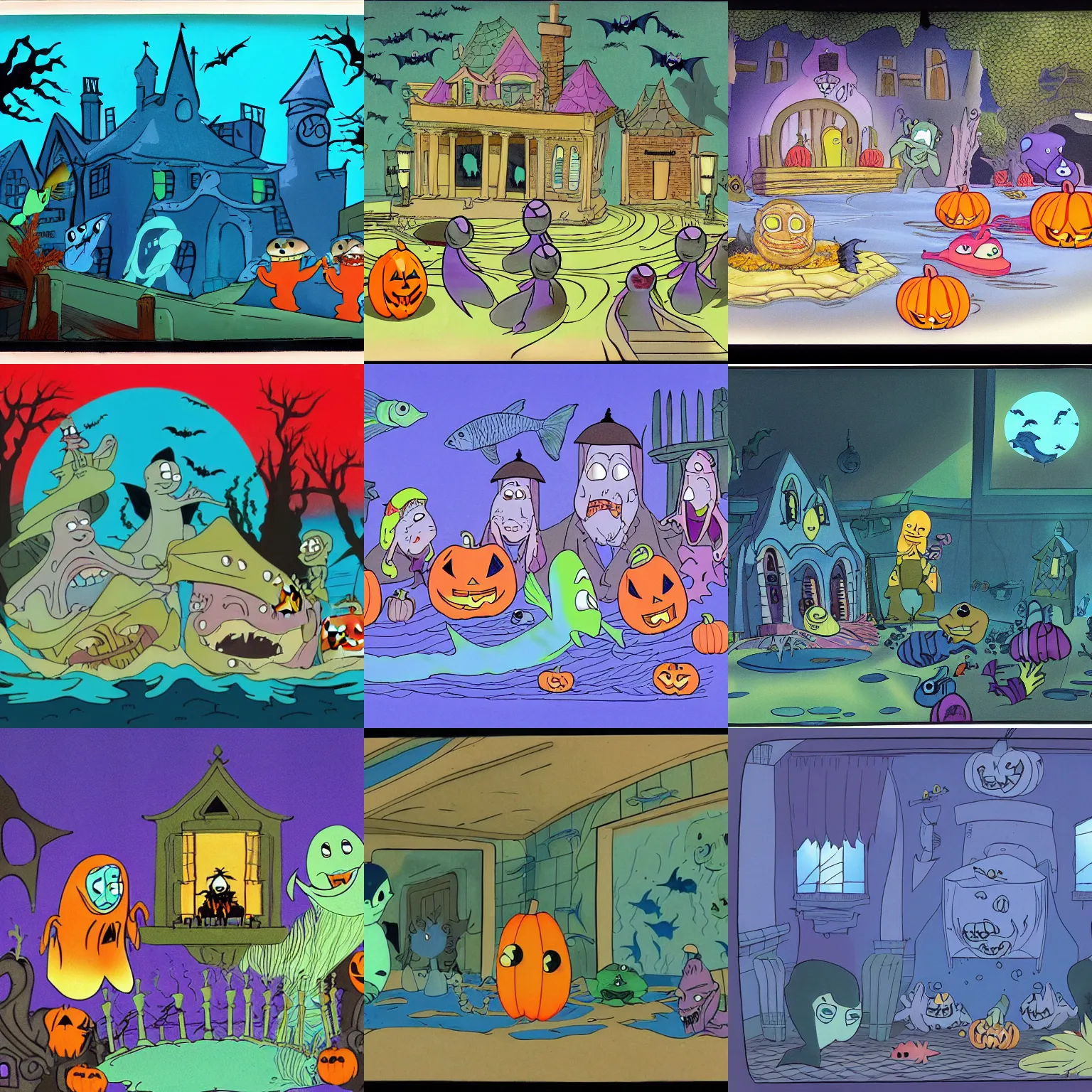 Prompt: animation cel of a scene in a haunted mansion set underwater with a small group of fish characters talking at a halloween party about the nuclear devastation outside the city gates, halloween decorations, indoors, creepy, art by genddy tartakovsky